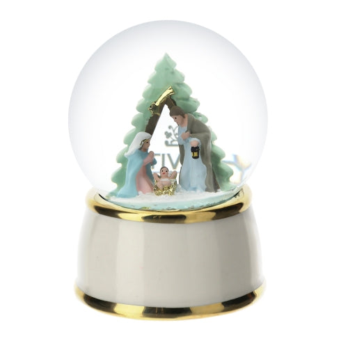 Palla Acqua Neve Carillon con Sacra Famiglia Base in Porcellana - Ø10x15cm