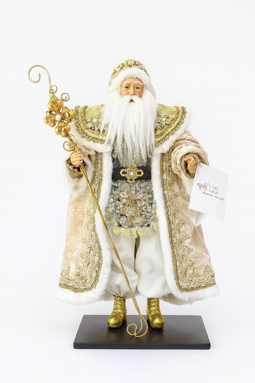 BABBO NATALE SU BASE IN LEGNO, AVORIO ORO H 46 CM