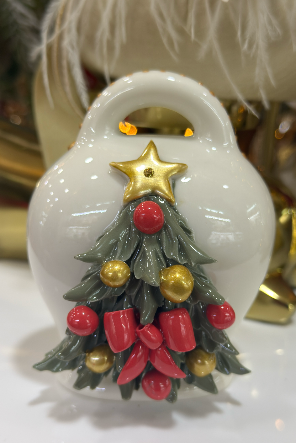 CAMPANA 15 AVORIO 9.5*12H CON ALBERO PALLINE ORO FIOCCO ROSSO